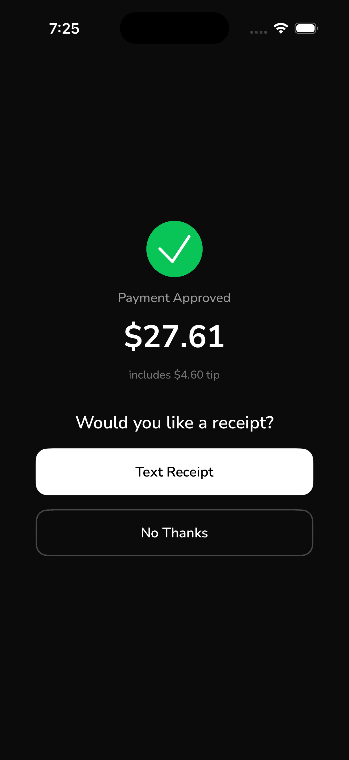 Zerobeat customer-facing screen after payment is approved, showing 'Would you like a receipt?' with a prominent 'Text Receipt' button and a 'No Thanks' option.
