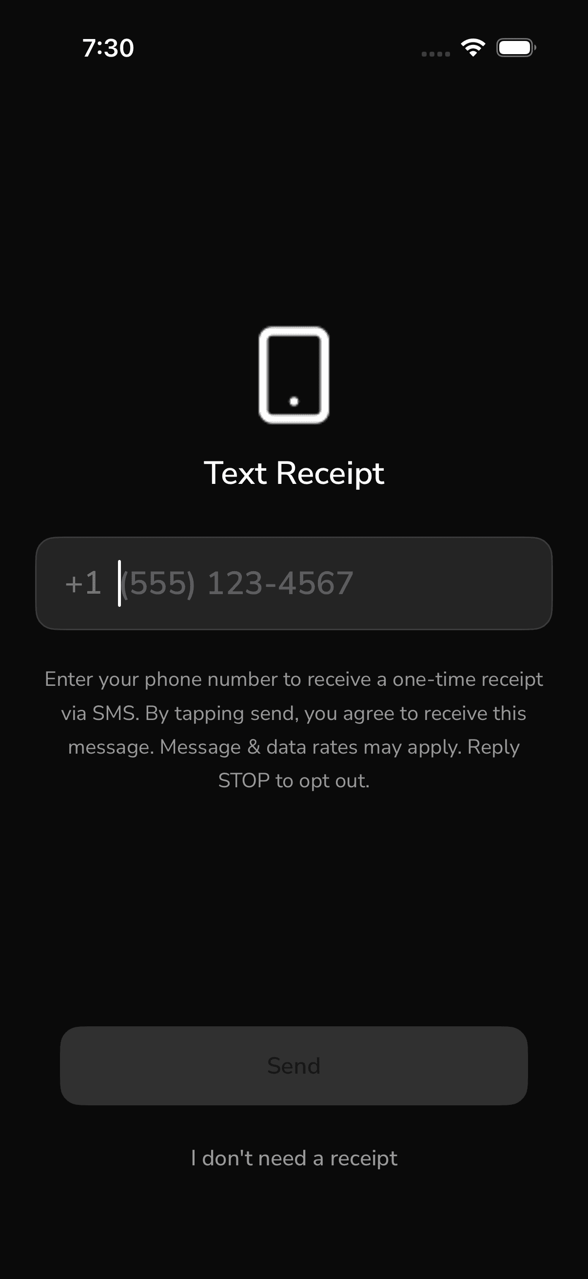 Zerobeat Text Receipt screen with a phone number field and consent text reading: Enter your phone number to receive a one-time receipt via SMS. By tapping send, you agree to receive this message. Message and data rates may apply. Reply STOP to opt out.