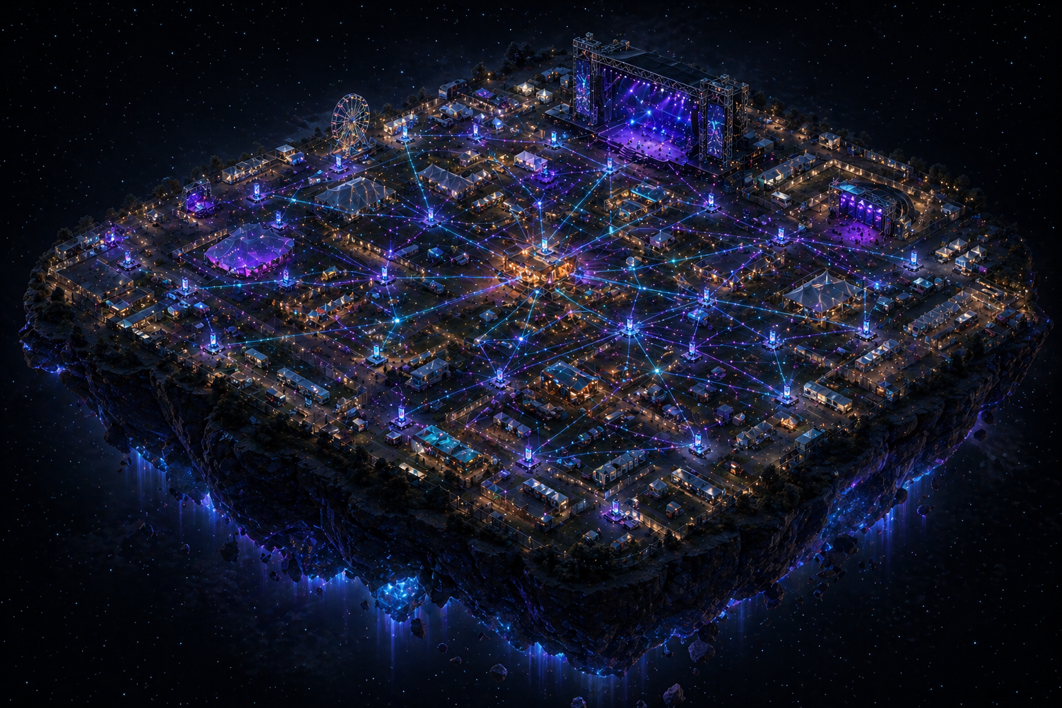 Isometric illustration of a festival venue's POS network, with all glowing connections converging on a single overloaded hub at the center, illustrating the hub-and-spoke failure mode that local-first mesh architecture solves